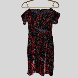 Vintage Steppin' Out Velvet Floral Dress Party Cocktail Black Multicolor Size 7